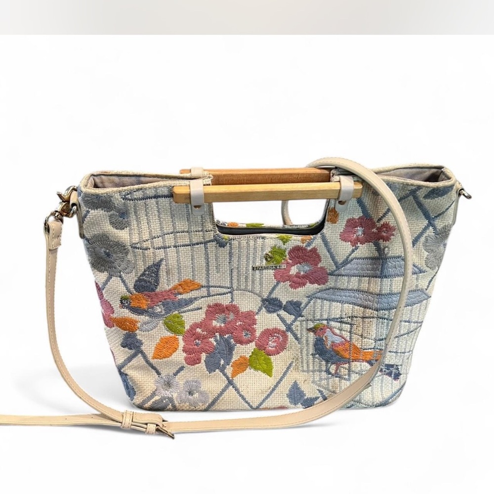 Floral Embroidered Handbag with Wooden Handle